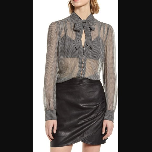 7 For All Mankind Houndstooth Chiffon Tie Neck Silk Blouse - Picture 2 of 11